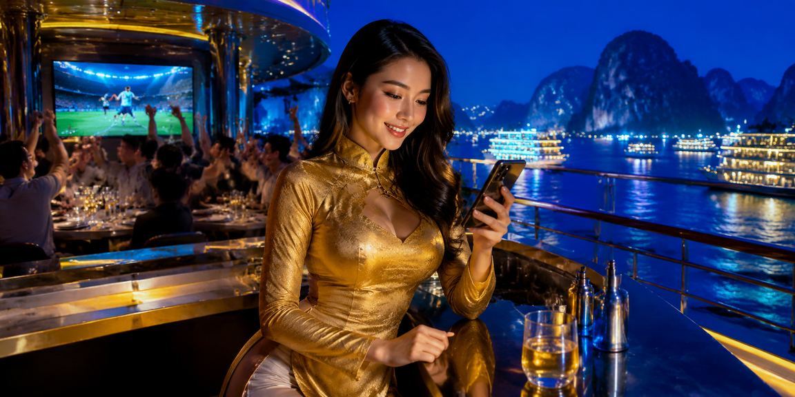 Phụ nữ mặc áo dài chơi casino di động với phông nền Vịnh Hạ Long