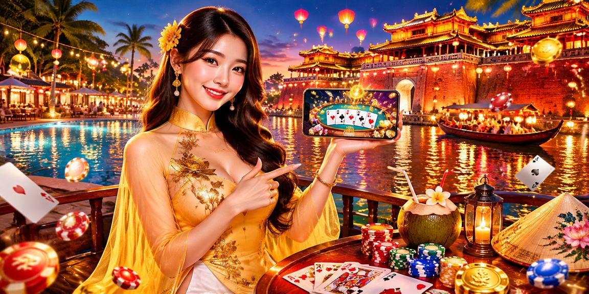Người phụ nữ mặc áo dài Huế thư giãn với trò chơi bài trực tuyến trên điện thoại